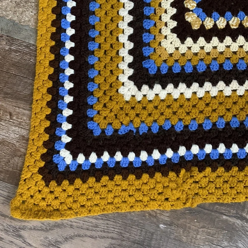 Vintage Crochet Knitted Throw Blanket | Mustard Yellow Blue & Brown Decor Colors
